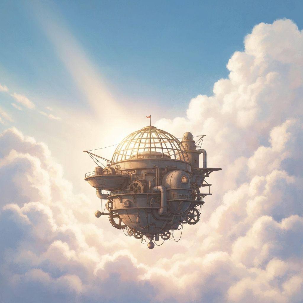 Fantastical cloud machinery floating in the sky